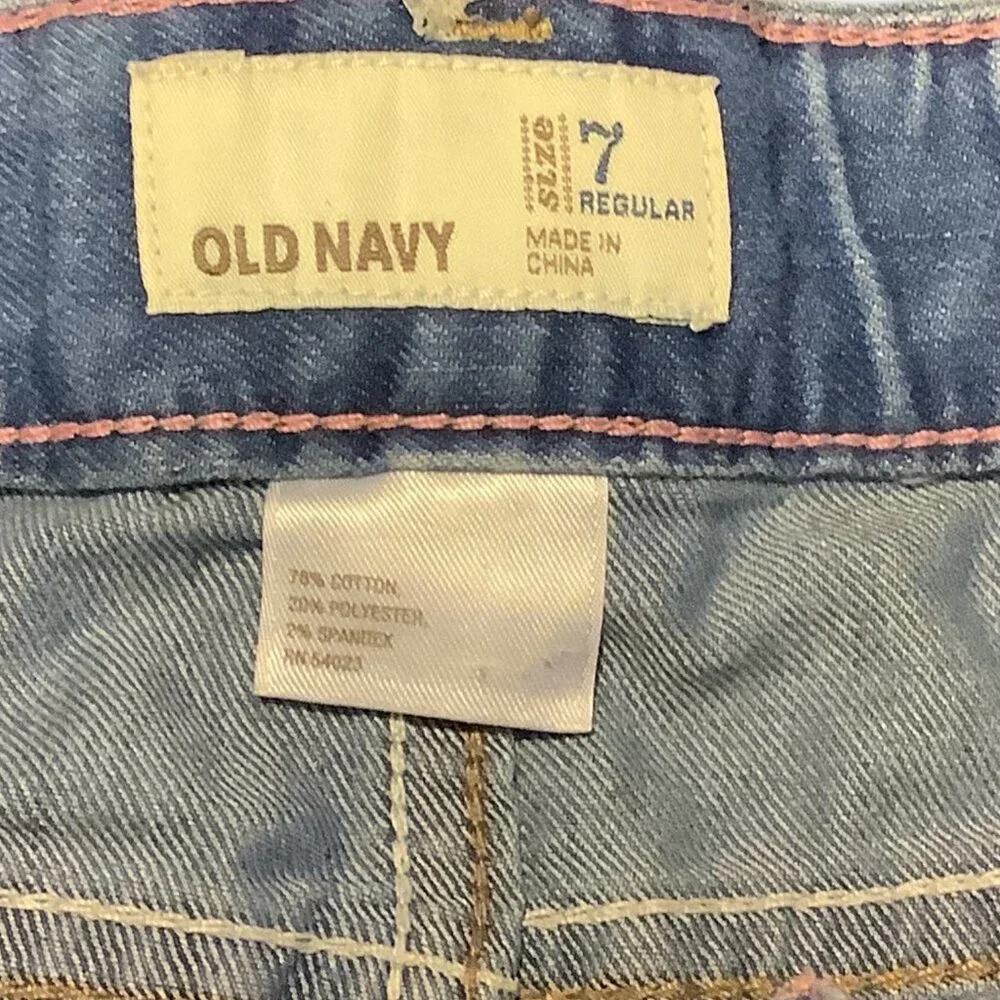 Old Navy Girls Size‎ 7 Regular Blue Denim Shorts Featuring Colorful Peace & Love